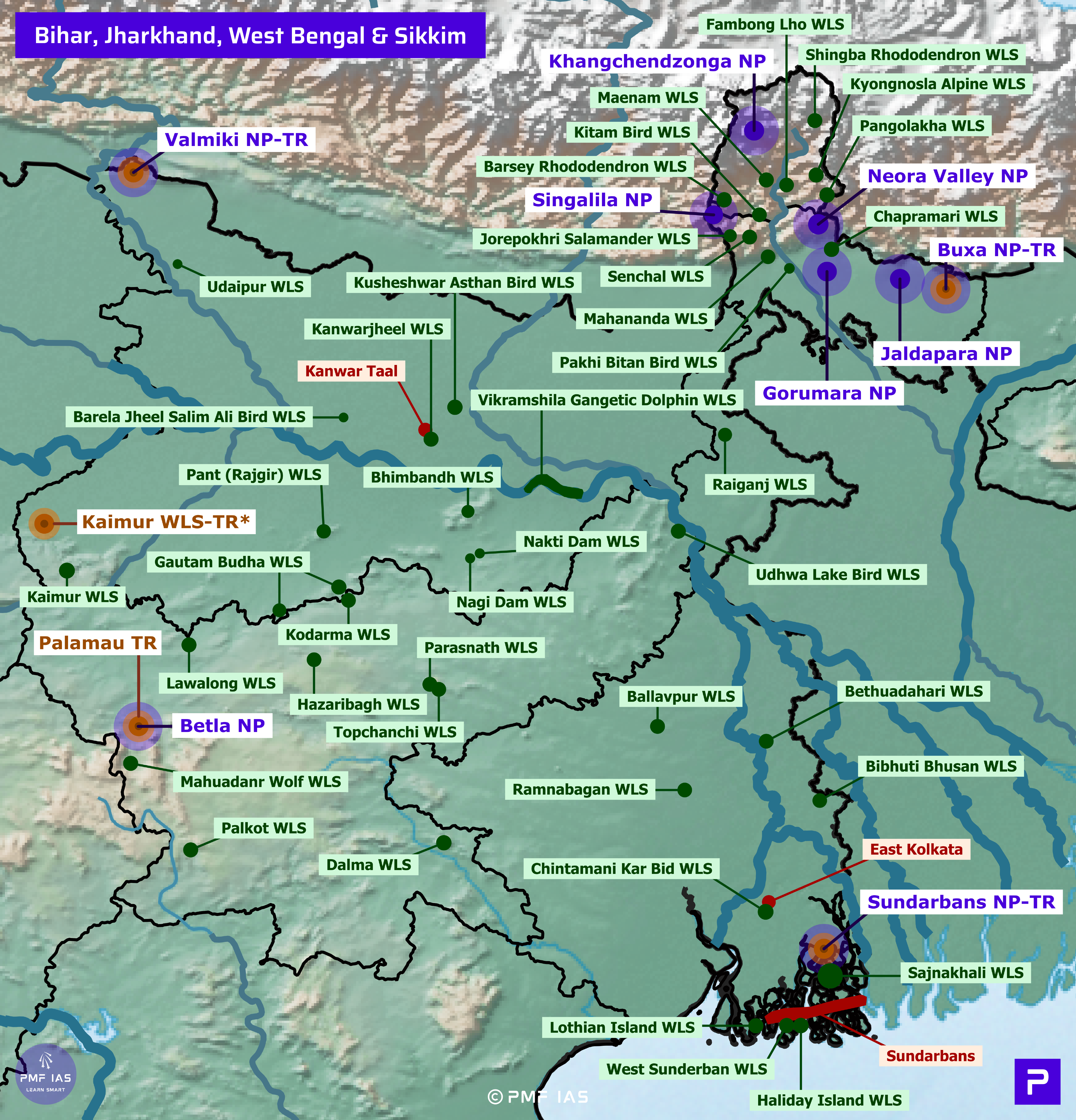 National Parks Tiger Reserves Wildlife Sanctuaries of Bihar Jharkhand West Bengal Sikkim