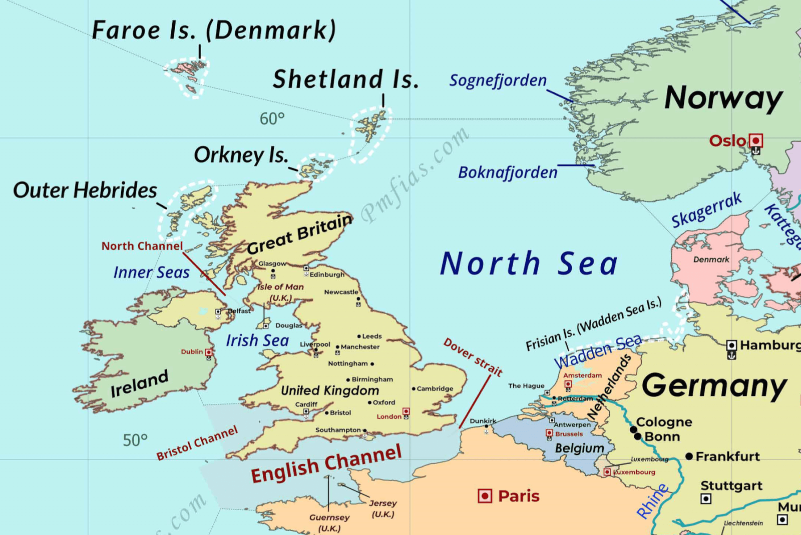 Map showing Northwestern Europe, including Great Britain, Ireland, Norway, Germany, and surrounding seas such as North Sea, Irish Sea, and English Channel, with key cities like London, Paris, and Oslo marked in red. Important islands like Faroe, Shetland, Orkney, and Outer Hebrides are labeled, along with major waterways including Dover Strait and Wadden Sea, highlighting regional geography and maritime boundaries.