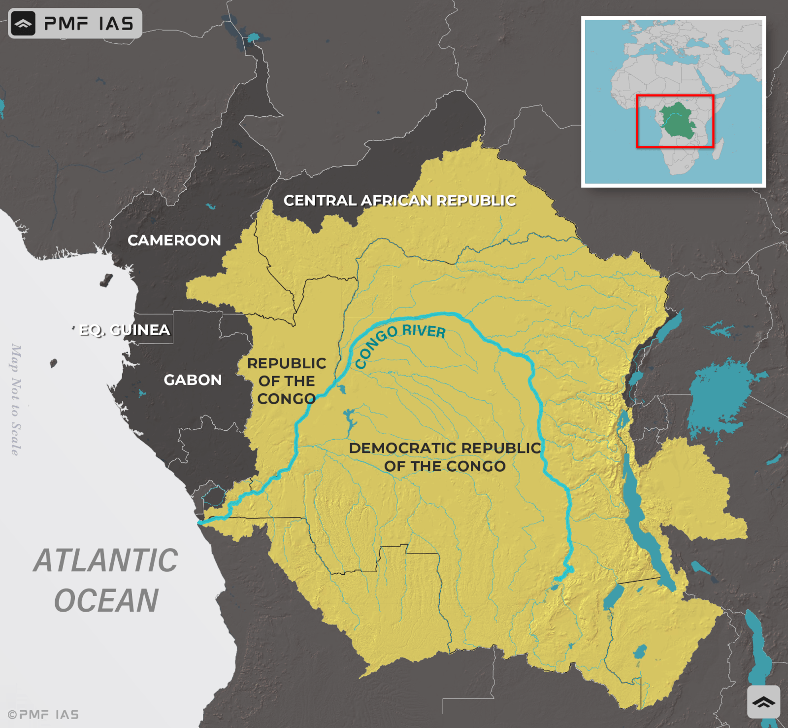 Map showing Republic of the Congo and Democratic Republic of the Congo highlighted in yellow within Central Africa, with surrounding countries and Atlantic Ocean labeled in dark gray. Congo River is marked in blue flowing through both countries, with an inset map indicating the region's location in Africa