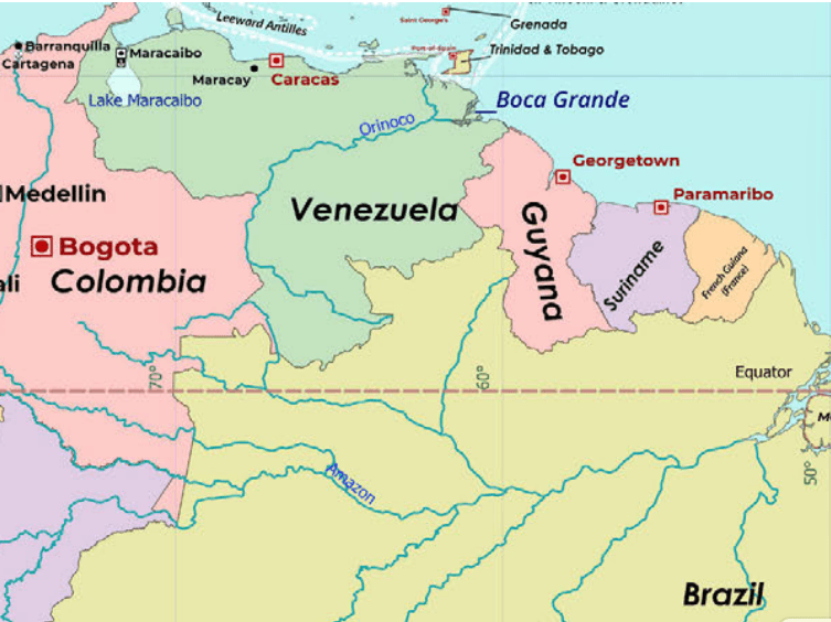 northern South America, highlighting countries Colombia, Venezuela, Guyana, and Brazil with major cities like Bogota, Caracas, and Georgetown labeled in red. Key geographical features include Lake Maracaibo, Orinoco and Amazon rivers, and the Equator line