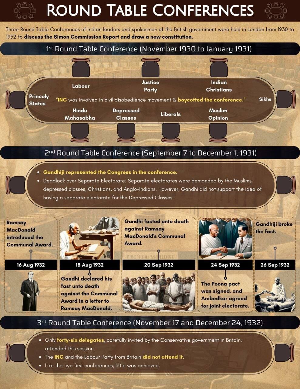 Diagram illustrating three Round Table Conferences held in London from 1930 to 1932 involving Indian leaders and British government representatives to discuss Simon Commission Report and constitutional reforms. Key details include participant groups around a table, Gandhi's fasting events in 1932, and notes on attendance and outcomes. Diagram illustrating three Round Table Conferences held in London from 1930 to 1932 involving Indian leaders and British government representatives to discuss Simon Commission Report and constitutional reforms. Key details include participant groups around a table, Gandhi's fasting events in 1932, and notes on attendance and outcomes.