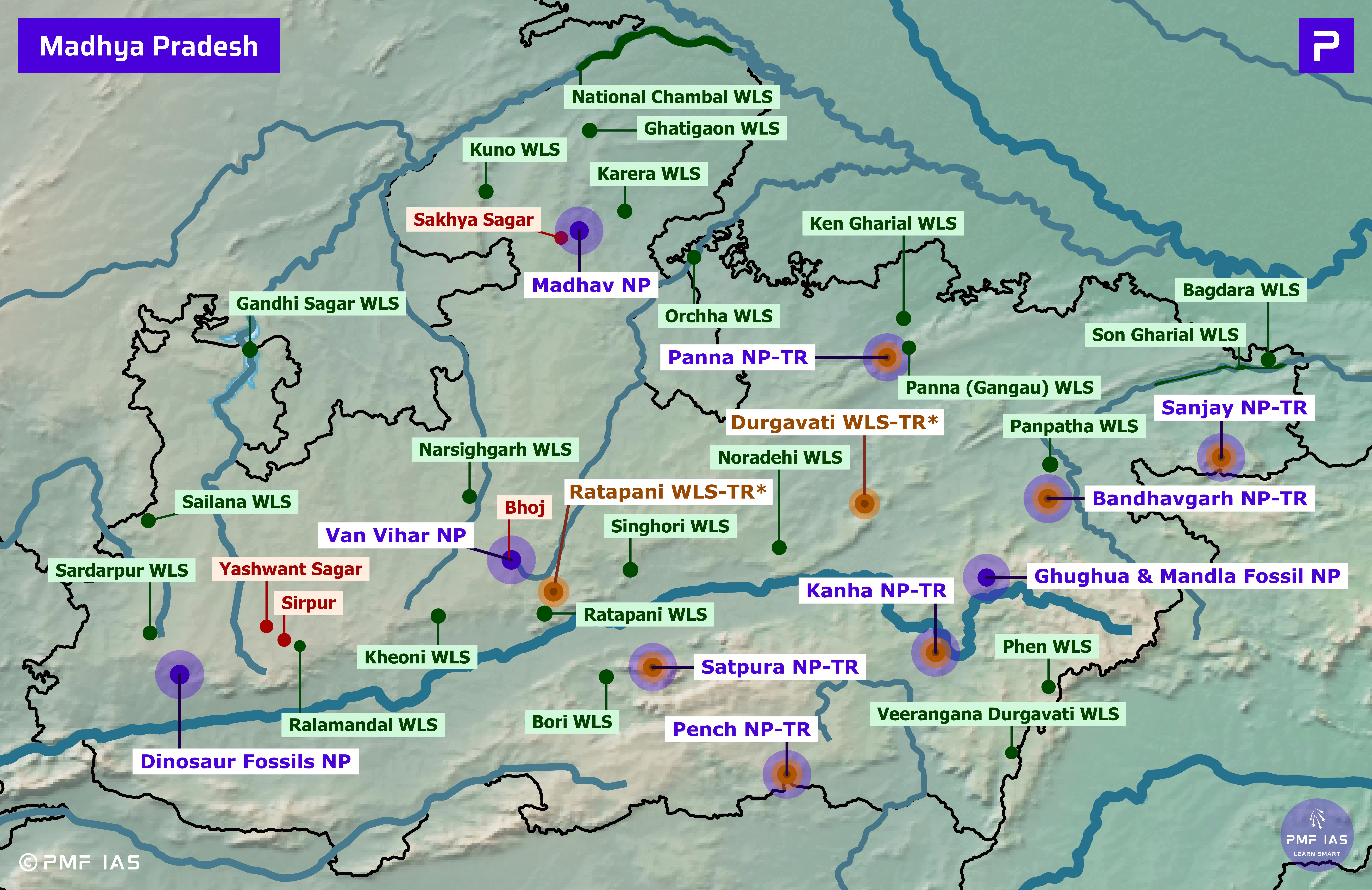 Map of Madhya Pradesh displaying wildlife sanctuaries, national parks, and tiger reserves marked with green, purple, and orange labels respectively, alongside blue boundary lines and rivers. Key locations include Kanha NP-TR, Bandhavgarh NP-TR, and Sanjay NP-TR, highlighting major conservation areas and their geographic distribution across the state. Map of Madhya Pradesh displaying wildlife sanctuaries, national parks, and tiger reserves marked with green, purple, and orange labels respectively, alongside blue boundary lines and rivers. Key locations include Kanha NP-TR, Bandhavgarh NP-TR, and Sanjay NP-TR, highlighting major conservation areas and their geographic distribution across the state.