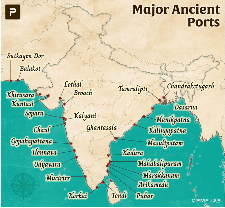 Map of major ancient ports along Indian coastline highlights locations such as Sopara, Chaul, Korkai, and Puhar with red dots and labels. Coastal regions are shaded in teal, while land areas have a parchment background, emphasizing maritime trade hubs from northwest to southeast. Map of major ancient ports along Indian coastline highlights locations such as Sopara, Chaul, Korkai, and Puhar with red dots and labels. Coastal regions are shaded in teal, while land areas have a parchment background, emphasizing maritime trade hubs from northwest to southeast.