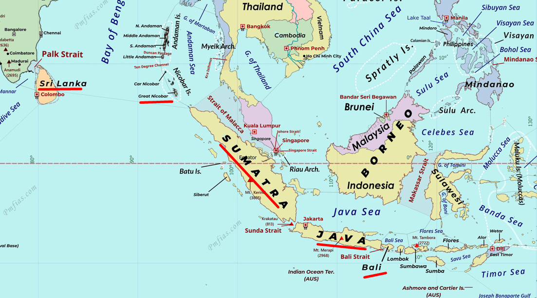 Map of Southeast Asia and surrounding waters highlighting key maritime straits including Palk Strait, Strait of Malacca, Sunda Strait, and Bali Strait in red. The map shows countries like Sri Lanka, Malaysia, Indonesia, Thailand, and Brunei, with major cities and sea names labeled, emphasizing strategic shipping routes and geographic connections. Map of Southeast Asia and surrounding waters highlighting key maritime straits including Palk Strait, Strait of Malacca, Sunda Strait, and Bali Strait in red. The map shows countries like Sri Lanka, Malaysia, Indonesia, Thailand, and Brunei, with major cities and sea names labeled, emphasizing strategic shipping routes and geographic connections.