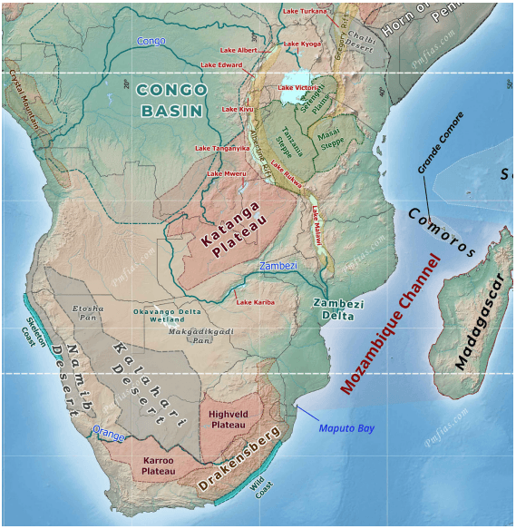 Map of southeastern Africa highlighting major geographical features and water bodies, including Congo Basin, Katanga Plateau, Zambezi Delta, and Mozambique Channel. Key elements are labeled in various colors, with lakes in red, rivers in blue, and plateaus in shaded pink areas, showing regional topography and hydrography. Map of southeastern Africa highlighting major geographical features and water bodies, including Congo Basin, Katanga Plateau, Zambezi Delta, and Mozambique Channel. Key elements are labeled in various colors, with lakes in red, rivers in blue, and plateaus in shaded pink areas, showing regional topography and hydrography.
