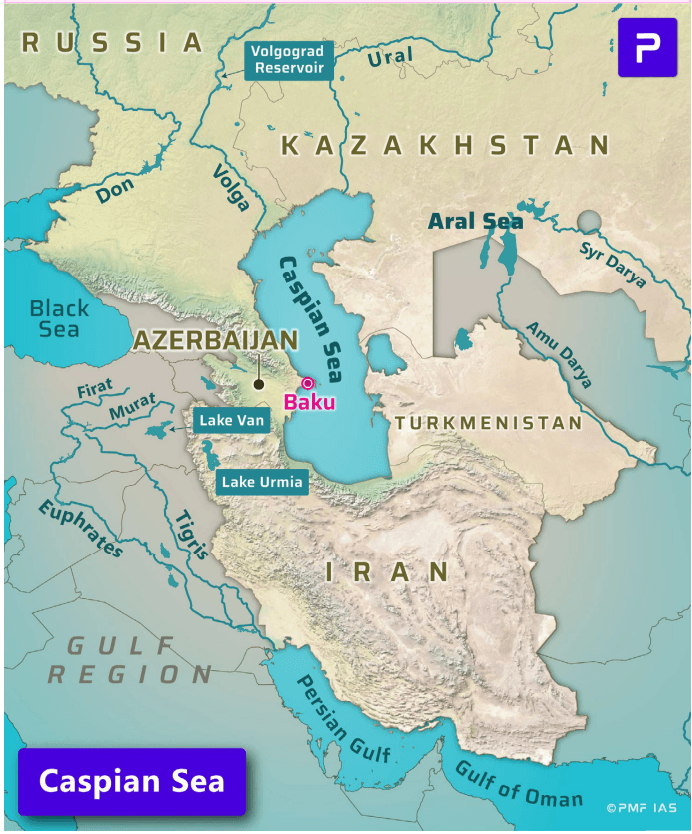 Map showing Caspian Sea region including surrounding countries Russia, Kazakhstan, Azerbaijan, Turkmenistan, and Iran with major water bodies like Black Sea, Aral Sea, Persian Gulf, and rivers labeled. Key locations such as Baku, Lake Van, and Lake Urmia are highlighted, with Caspian Sea centrally featured in blue and labeled for geographic context. Map showing Caspian Sea region including surrounding countries Russia, Kazakhstan, Azerbaijan, Turkmenistan, and Iran with major water bodies like Black Sea, Aral Sea, Persian Gulf, and rivers labeled. Key locations such as Baku, Lake Van, and Lake Urmia are highlighted, with Caspian Sea centrally featured in blue and labeled for geographic context.