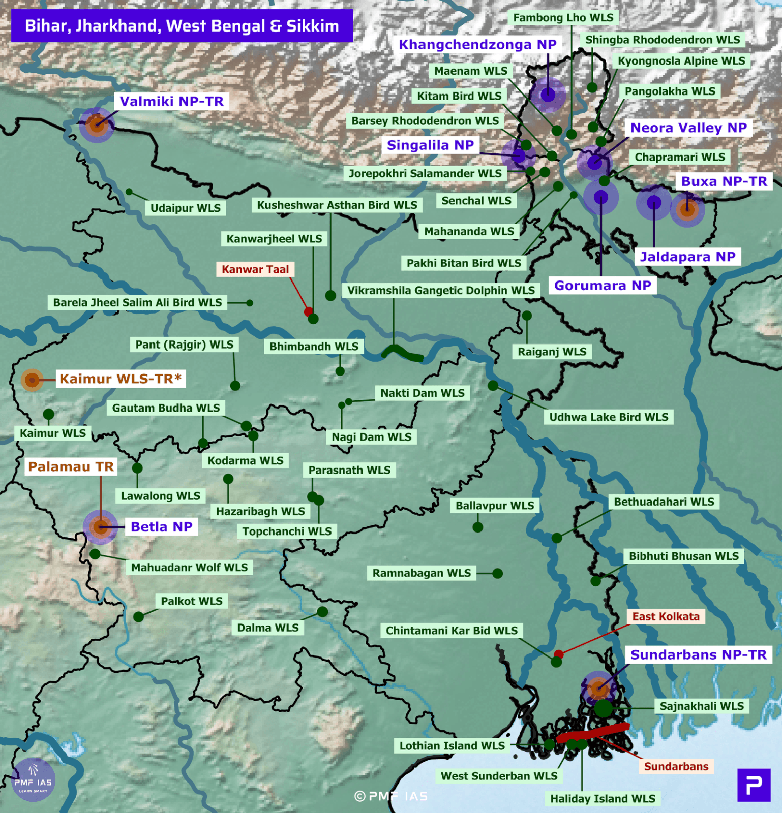 Map showing protected areas across Bihar, Jharkhand, West Bengal, and Sikkim, including national parks (NP), wildlife sanctuaries (WLS), tiger reserves (TR), and wetlands (WLS-TR). Key locations like Sundarbans NP-TR, Buxa NP-TR, and Kaimur WLS-TR are highlighted with colored labels and heatmap markers indicating biodiversity significance and conservation focus. Map showing protected areas across Bihar, Jharkhand, West Bengal, and Sikkim, including national parks (NP), wildlife sanctuaries (WLS), tiger reserves (TR), and wetlands (WLS-TR). Key locations like Sundarbans NP-TR, Buxa NP-TR, and Kaimur WLS-TR are highlighted with colored labels and heatmap markers indicating biodiversity significance and conservation focus.