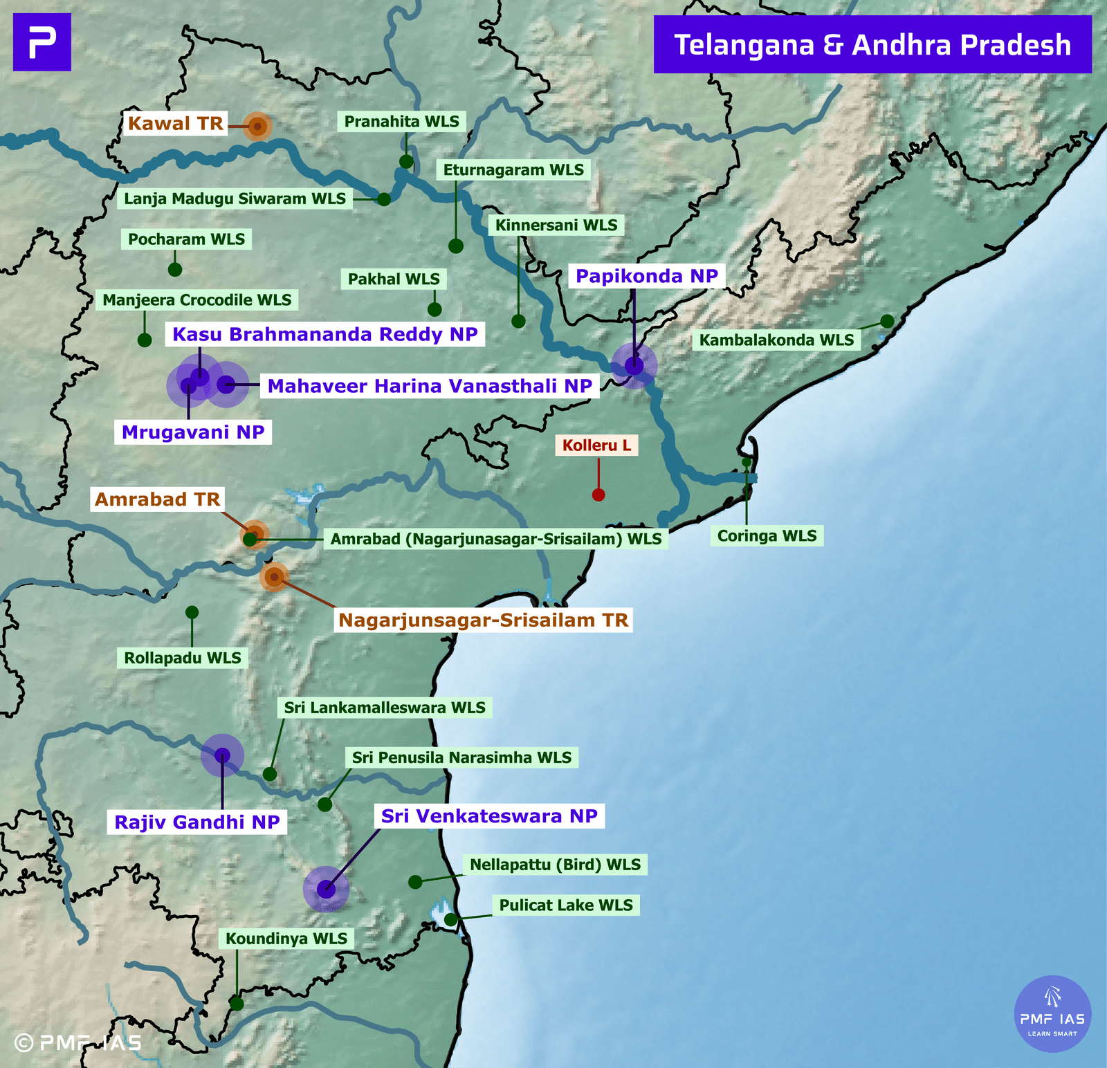 Map showing protected areas in Telangana and Andhra Pradesh, including national parks (NP), wildlife sanctuaries (WLS), and tiger reserves (TR). Key locations like Kasu Brahmananda Reddy NP, Nagarjunsagar-Srisailam TR, and Papikonda NP are labeled with color-coded markers and names, highlighting conservation zones and biodiversity hotspots. Map showing protected areas in Telangana and Andhra Pradesh, including national parks (NP), wildlife sanctuaries (WLS), and tiger reserves (TR). Key locations like Kasu Brahmananda Reddy NP, Nagarjunsagar-Srisailam TR, and Papikonda NP are labeled with color-coded markers and names, highlighting conservation zones and biodiversity hotspots.
