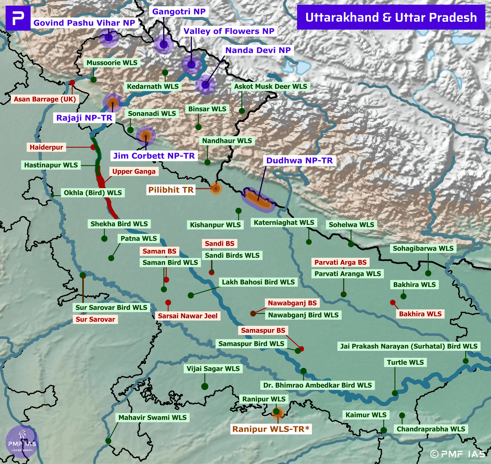 Map showing protected areas, wildlife sanctuaries, bird sanctuaries, and national parks across Uttarakhand and Uttar Pradesh regions. Key locations are color-coded with purple for national parks, green for wildlife sanctuaries, and red for bird sanctuaries, highlighting major conservation zones like Jim Corbett NP-TR, Dudhwa NP-TR, and Ranipur WLS-TR. Map showing protected areas, wildlife sanctuaries, bird sanctuaries, and national parks across Uttarakhand and Uttar Pradesh regions. Key locations are color-coded with purple for national parks, green for wildlife sanctuaries, and red for bird sanctuaries, highlighting major conservation zones like Jim Corbett NP-TR, Dudhwa NP-TR, and Ranipur WLS-TR.