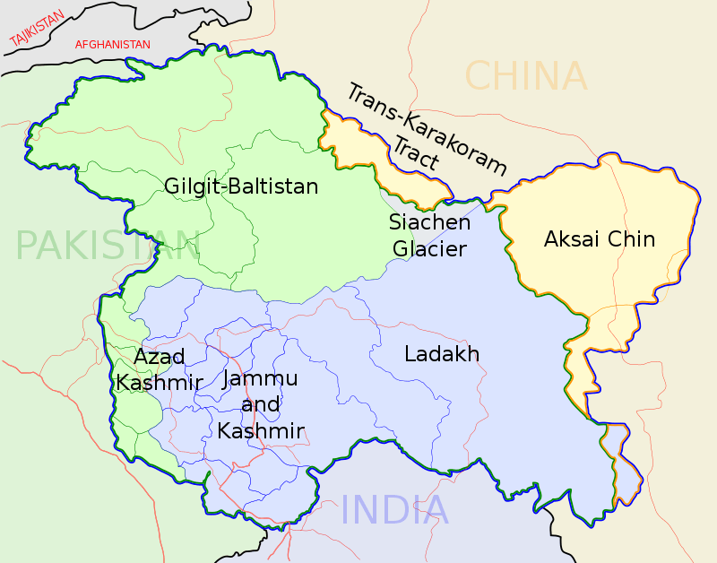 Map showing territorial regions of Kashmir divided among Pakistan, India, and China, highlighting areas like Gilgit-Baltistan, Azad Kashmir, Jammu and Kashmir, Ladakh, Aksai Chin, and Siachen Glacier. Borders are marked with distinct colors, with labels for key regions and neighboring countries including Afghanistan, Tajikistan, and China. Map showing territorial regions of Kashmir divided among Pakistan, India, and China, highlighting areas like Gilgit-Baltistan, Azad Kashmir, Jammu and Kashmir, Ladakh, Aksai Chin, and Siachen Glacier. Borders are marked with distinct colors, with labels for key regions and neighboring countries including Afghanistan, Tajikistan, and China.