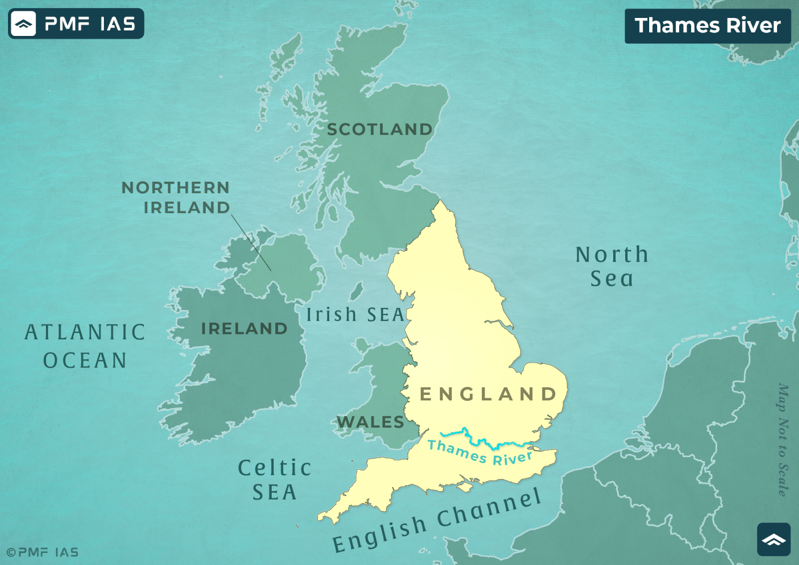 Map showing United Kingdom and Ireland with England highlighted in light yellow and Thames River marked in blue flowing through southern England. Surrounding bodies of water including Atlantic Ocean, Irish Sea, Celtic Sea, North Sea, and English Channel are labeled to provide geographical context. Map showing United Kingdom and Ireland with England highlighted in light yellow and Thames River marked in blue flowing through southern England. Surrounding bodies of water including Atlantic Ocean, Irish Sea, Celtic Sea, North Sea, and English Channel are labeled to provide geographical context.