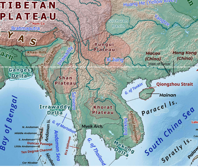Topographic map highlighting major plateaus, rivers, deltas, and seas in Southeast Asia, including Tibetan Plateau, Shan Plateau, Khorat Plateau, and Mekong Delta. Key features include labeled water bodies like Bay of Bengal, South China Sea, and Andaman Sea, with color-coded elevation and marked straits, islands, and cities such as Macao and Hong Kong. Topographic map highlighting major plateaus, rivers, deltas, and seas in Southeast Asia, including Tibetan Plateau, Shan Plateau, Khorat Plateau, and Mekong Delta. Key features include labeled water bodies like Bay of Bengal, South China Sea, and Andaman Sea, with color-coded elevation and marked straits, islands, and cities such as Macao and Hong Kong.